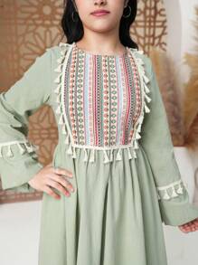 少女纯色长袖简约休闲日常连衣裙 - 綠色 - 查看 6