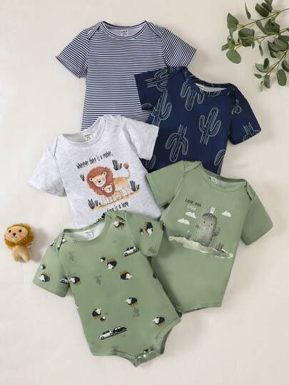 SHEIN Playful Pals 5 piezas Mono de manga corta con estampado de animales, cactus y rayas para bebé recién nacido niño, adecuado para el verano