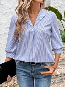 SHEIN LUNE Boho Women Clothing Elegant Women Blouses Women's Blue & White Striped Casual/Office Shirt For Spring - Blue and White - View 1