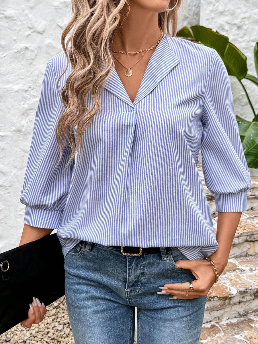 SHEIN LUNE Boho Women Clothing Elegant Women Blouses Women's Blue & White Striped Casual/Office Shirt For Spring - Blue and White - View 1