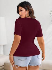 SHEIN Unity 大码休闲简约纯色交叉领带短袖 T 恤 - 酒紅色 - 查看 2