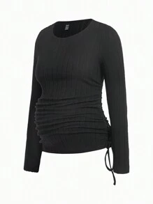 Modmama Maternity Casual Solid Color Ribbed Side Drawstring Long Sleeve T-Shirt, Autumn - Multicolor - View 17