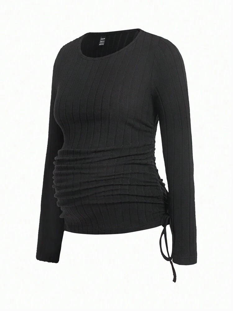 Maternity Casual Solid Color Ribbed Side Drawstring Long Sleeve T-Shirt, Autumn