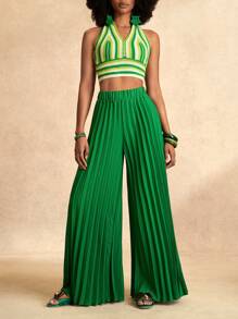 Zivah 优雅松紧腰深绿色褶皱大脚超长阔腿裤女褶皱裤高腰裤绿裤女喇叭裤 - 綠色 - 查看 5
