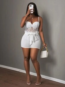 Slaydiva 2 件套夏季新款性感优雅细肩带蕾丝透视紧身衣 + 荷叶边领结短裤，海军蓝女士 - 白色 - 查看 3