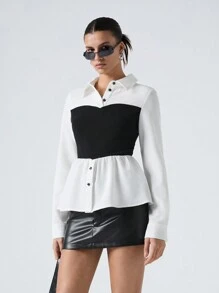 SHEIN EZwear 女式黑白梭织荷叶边下摆衬衫、长袖上衣 - 黑與白 - 查看 7