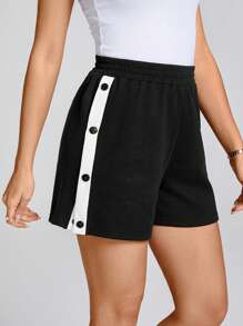 SHEIN LUNE New Summer & Spring Black Slit-Front Outdoor Sports Street Casual Color Block Shorts