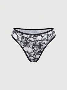ROMWE 4pcs Set Gothic Punk Skull Rose Milk Silk Thong Panties - Black - View 4