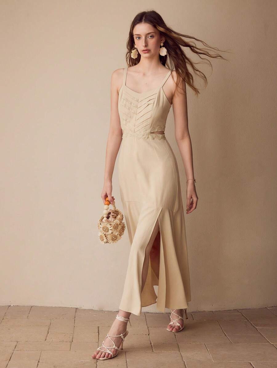 MOTF 亚麻大腿开衩连衣裙 - 杏色 - 查看 1