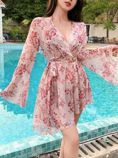 DAZY Women's Floral Print Flare Sleeve Kimono Cover Up, For Summer Beach Vacation