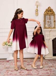 SHEIN 1pc Young Girls Woven Wine Red Round Neck Beaded Puff Sleeve Ruched Gradient Digital Print Dress With Invisible Zipper, Elegant Suitable For Party, Summer