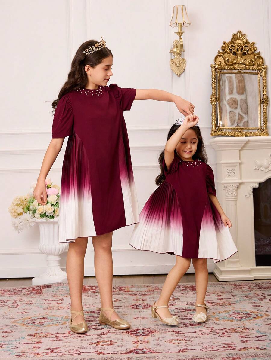 SHEIN 1pc Young Girls Woven Wine Red Round Neck Beaded Puff Sleeve Ruched Gradient Digital Print Dress With Invisible Zipper, Elegant Suitable For Party, Summer