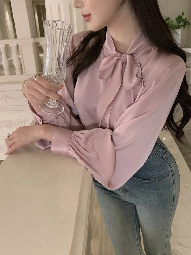 Women's Casual Bowknot Long Sleeve Elegant Korean Style Blouse,Fall Clothes