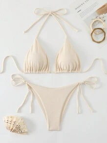 Swim Basics Bộ đồ bơi, Cúp tam giác, Quần lót lọt khe, Tối giản & Thời trang cho trang phục thường ngày cho kỳ nghỉ hè ở bãi biển - Màu be - Xem 1