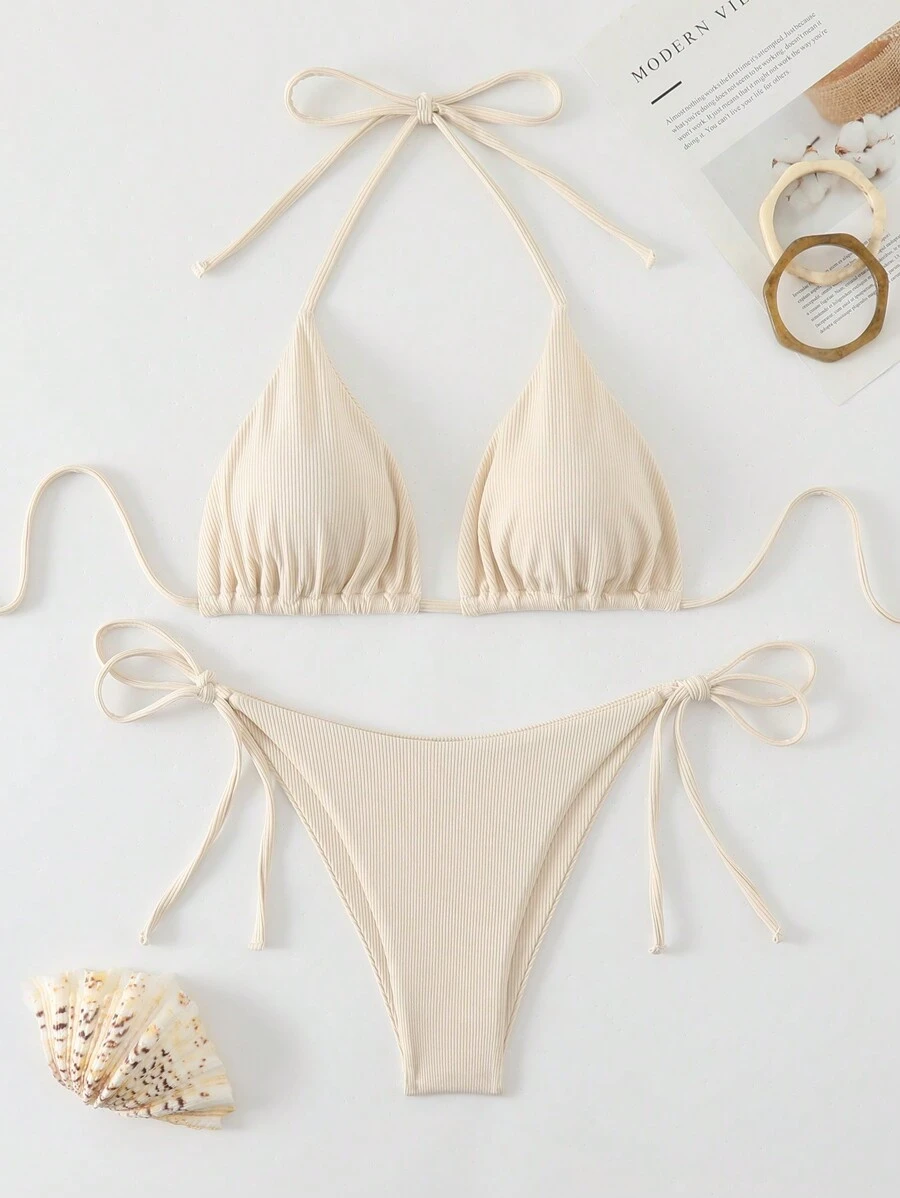 Swim Basics Bộ đồ bơi, Cúp tam giác, Quần lót lọt khe, Tối giản & Thời trang cho trang phục thường ngày cho kỳ nghỉ hè ở bãi biển - Màu be - Xem 1