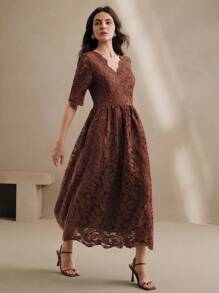 Anewsta Elegante abito lungo con scollo a V, balze, maniche a metà, stampa paisley e fiori, semi-trasparente, vita stretta, adatto per Capodanno, San Valentino, vacanze estive in spiaggia - Castano - Visualizzare 4