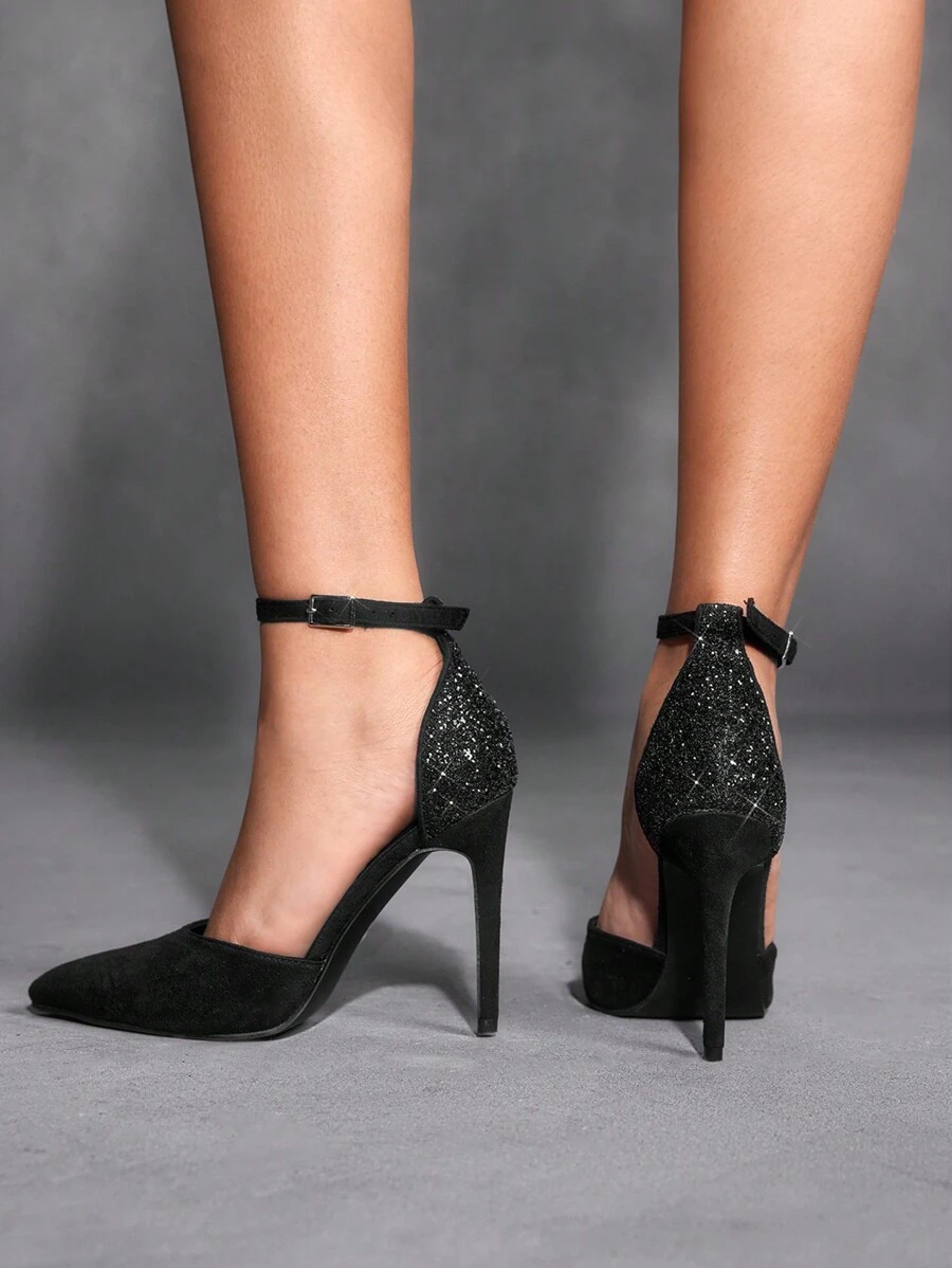 CUCCOO SZL Women's Fashion Black Glitter Ankle Strap Pointed Toe Thin High Heel Pumps, Suitable For Commute, Date, Party, Wedding, Holiday Spring Shoes Spring Break Easter - Black - View 1