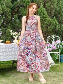 SHEIN 青少年波西米亚风花卉印花吊带束腰长裙