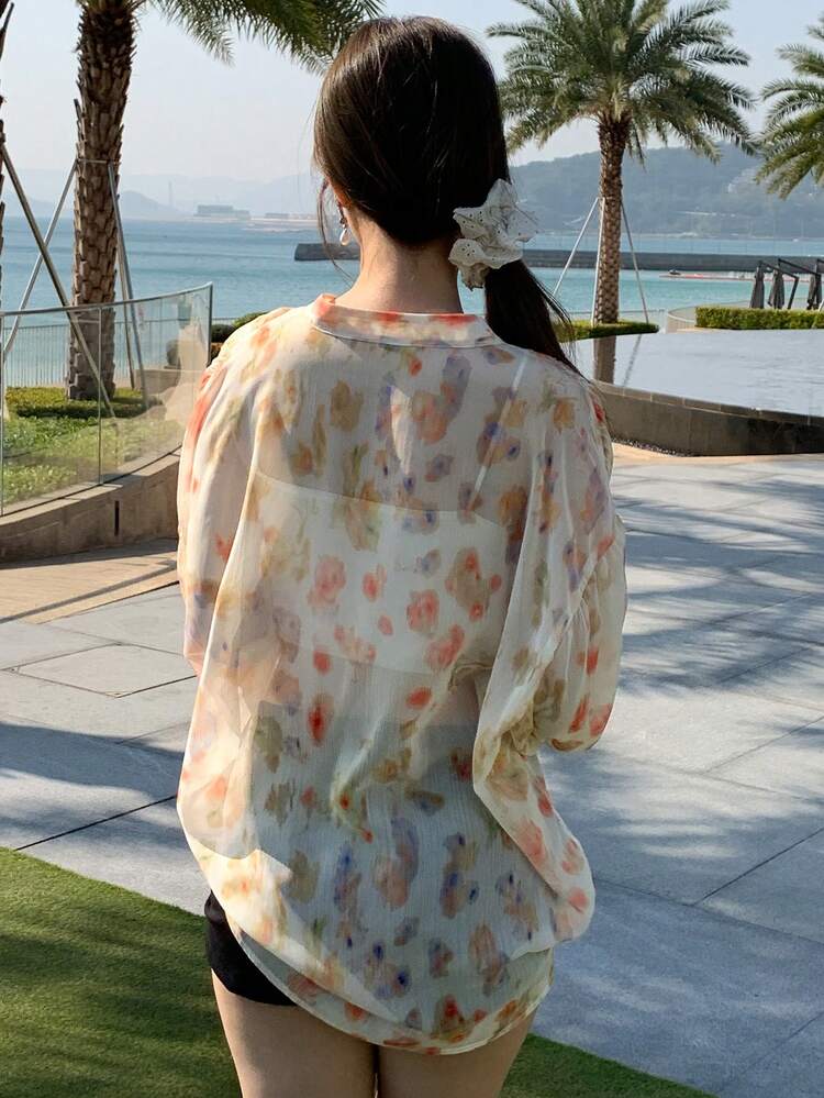 Women's Floral Print Loose V-Neck Chiffon Elegant Vacation Blouse For Summer Long Sleeve Top Boho