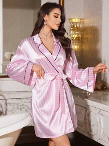 LuxeNights Decorative Trim Striped Faux Silk Women's Belted Bathrobe Luxe Loungewear Cozy And Elegant Details, Fall & Winter - Pink - View 4