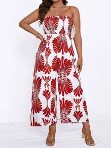 SHEIN Clasi Plus Size Boho Bandeau Printed Casual Loose Jumpsuit, Everyday Wear, For Summer - Red - View 4