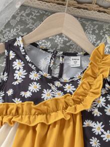 SHEIN 女童时尚花卉印花拼色荷叶边下摆中长连衣裙，适合夏季度假