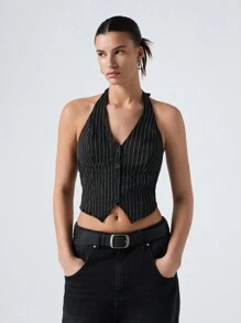 SHEIN EZwear Summer Outfits Striped Print Button Front Halter Top - Black - View 4