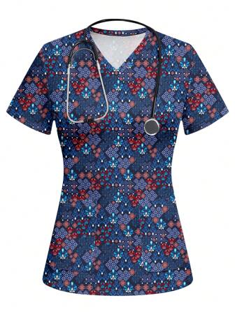 PopScrub 休闲简约全身几何印花女式/护理手术服上衣