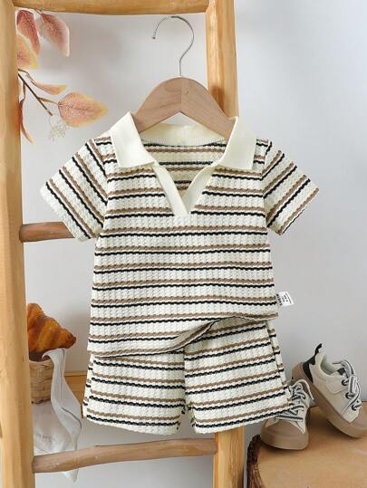 Vintaside Kids Baby Boy Summer Fashion Black & Khaki Striped V-Neck Short Sleeve Top Paired With Matching Waistless Shorts Set, Suitable For Various Occasions - Outdoor Play, Casual Home Wear, Outdoor Sports, Holiday Parties Or Family Gatherings, Keeping Baby Looking Elegant And Energetic