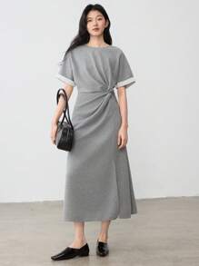 Dazy-Less 优雅商务休闲拼色扭纹设计高开叉中长款连衣裙，适合女士老式风格太阳裙 - 灰色 - 查看 7