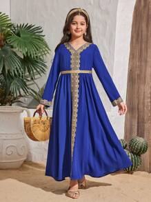 SHEIN Leap Crew Tween Girls Casual Woven Gold Ribbon Inspired V-Neck Long Sleeve Dress, Suitable For Ramadan - Royal Blue - View 5