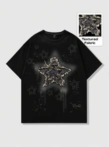 ROMWE MEN Street Life Camiseta casual y de moda con estampado de estrella punk para hombres, talla optimizada - Nueva versión, rave, estilo de los 2000 - Negro - Ver 1