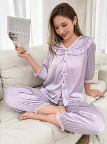 Softscene Comfortable Cute Peter Pan Collar Long Sleeve & Pants Women Pajama Set - Mauve Purple - View 4