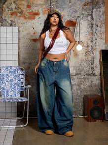 SHEIN ICON Plus Size Women's Pocket Design Wide Leg Loose Casual Denim Jeans - Navy Blue - View 3