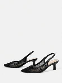 CUCCOO HITCHD 女士尖头蕾丝花卉图案细高跟鞋优雅精致正式鞋适合婚礼、宴会、派对，采用柔软网眼材料制成 - 黑色 - 查看 8
