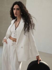 MOTF PREMIUM Áo khoác blazer kẻ caro hai hàng khuy, nút ngọc trai, áo khoác blazer cỡ lớn, công sở, xuân hè - trắng - Xem 5