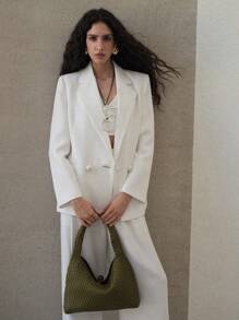 MOTF PREMIUM Áo khoác blazer kẻ caro hai hàng khuy, nút ngọc trai, áo khoác blazer cỡ lớn, công sở, xuân hè - trắng - Xem 7