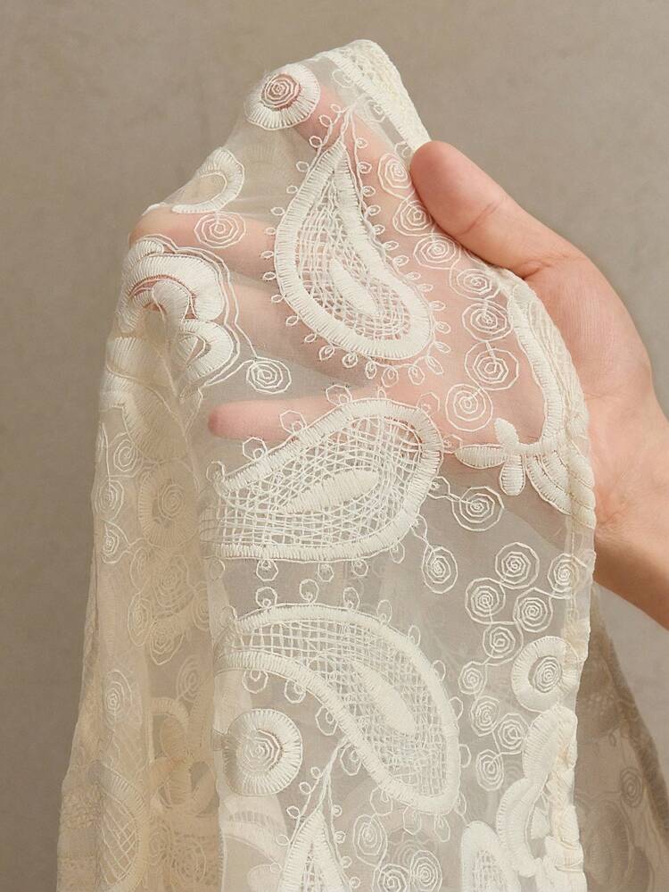 Plus Size Women's Elegant Floral Embroidered Lantern Sleeve Mesh Dress, Suitable For Spring/Summer, Valentine's Day, Birthday, Wedding Guest Outfits, Boho Style