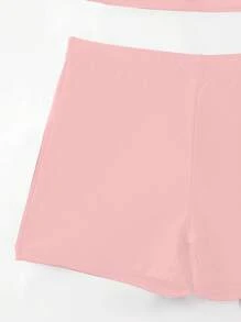 SHEIN Swim Women's Solid Color Spaghetti Strap-Back-Tie Simple Fitted Tnkini Set, For Summer Beach Vacation - Pink - View 5