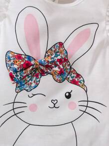 2pcs/Set Young Girls Ditsy Floral And Cute Rabbit Pattern Knit T-Shirt Set - White - View 3
