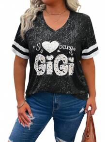 EMERY ROSE Camiseta de manga corta de uso diario informal de estilo deportivo con estampado de letras gris oscuro para mujer talla grande, primavera/verano