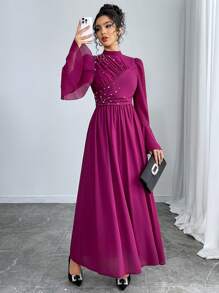 Veilorie Rose Red Fold Rhinestone Romantic And Elegant Arabic Style Dress, Lotus Long Sleeves Fashionable For Daily Wear Spring Valentine's Day Rave Outfits Festival,Modest - Rose Red - View 2