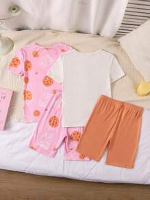 Conjunto de 4 piezas para niñas preadolescentes: camiseta de manga corta con estampado de galletas y pantalones cortos, ropa de dormir casual