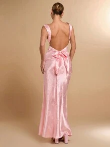 SHEIN BAE 春夏浅粉色无袖性感露背蝴蝶结装饰女式提花纹理连衣裙，适合情人节、派对、浪漫约会、伴娘、舞会、通勤、生日、日常 - 粉色 - 查看 5