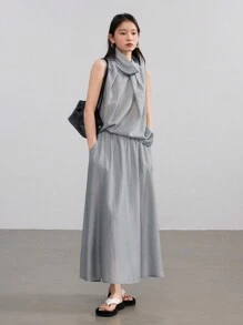 Dazy-Less 2pcs Women Pleated Linen Collar Set Old Money Style - Grey - View 9