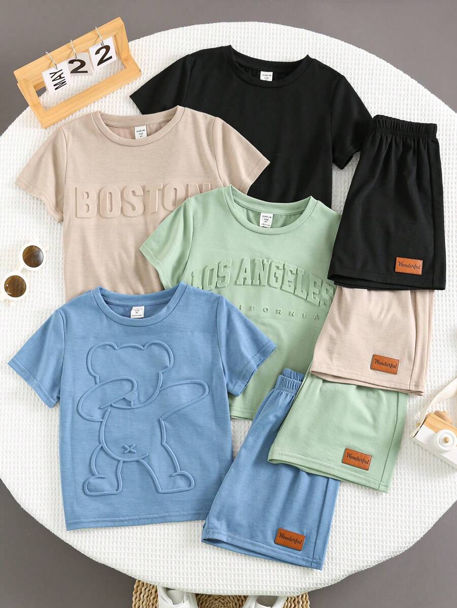 SHEIN Bộ 8 món/bộ áo phông tay ngắn in chữ nổi thoải mái, dễ mặc hàng ngày, đa năng, dễ phối đồ cho bé trai và bé gái, phù hợp mặc vào mùa xuân/hè, mặc hàng ngày, thể thao, ngoài trời, đi học, tiệc tùng, ngày lễ, chụp ảnh, nghỉ mát - Nhiều màu - Xem 1