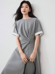 Dazy-Less 优雅商务休闲拼色扭纹设计高开叉中长款连衣裙，适合女士老式风格太阳裙 - 灰色 - 查看 2