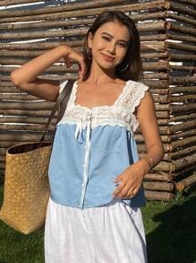 DAZY 度假蕾丝拼布抽绳系带牛仔衬衫夏季 - 藍色 - 查看 6