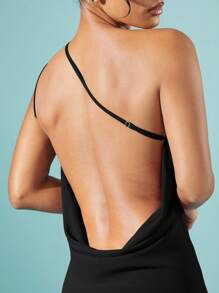 Hauture Solid Chiffon One Shoulder Draped Backless Mini Dress - Black - View 4