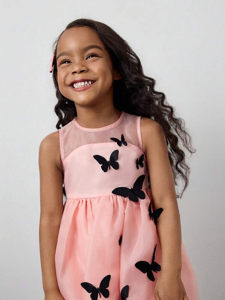 Young Girl Cute,Elegant Contrast Color 3D Butterfly Decor Asymmetrical Hem Sleeveless Luxury Faux Silk Dress, Suitable For Outings, Parties, Back To School Events, Spring/Summer